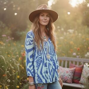 EUC Anthropologie Vanessa Virginia Mahdia Blue Green Ikat Pintuck Blouse 2!